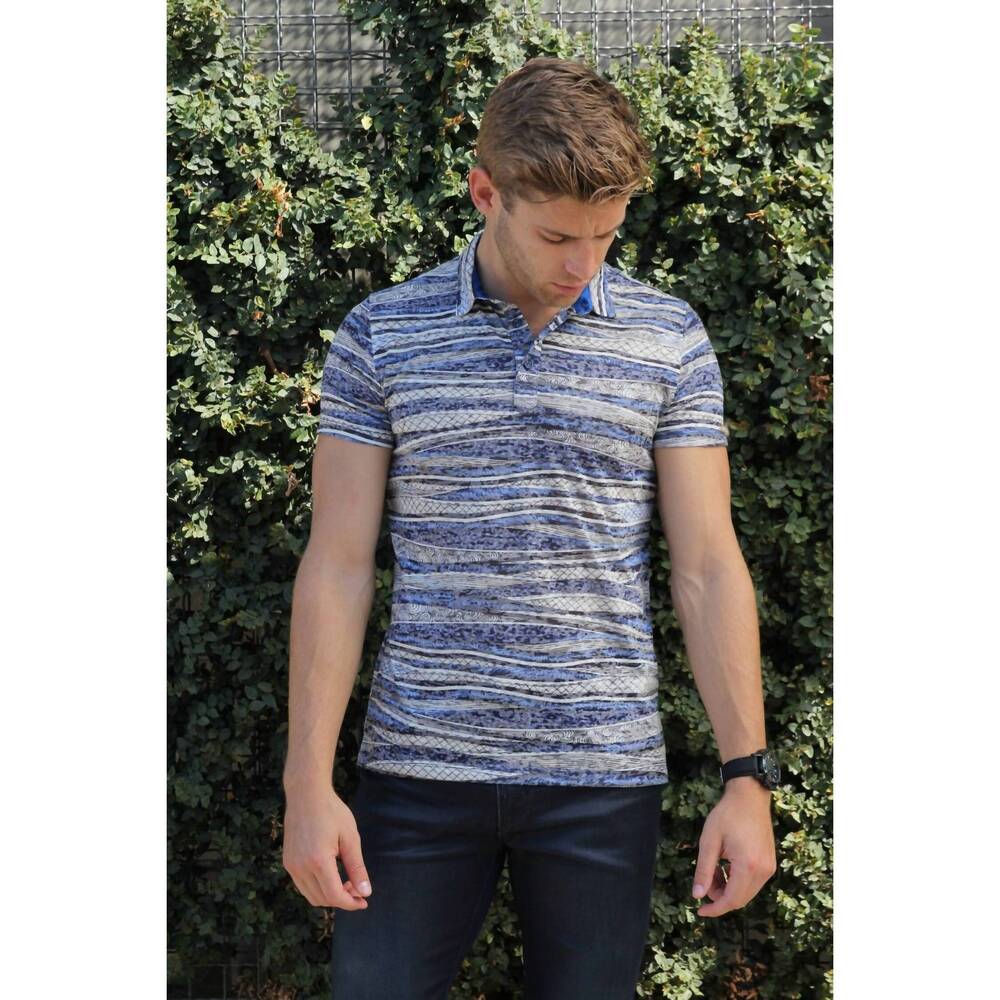NEW EIGHT X stripe print polo shirt in blue